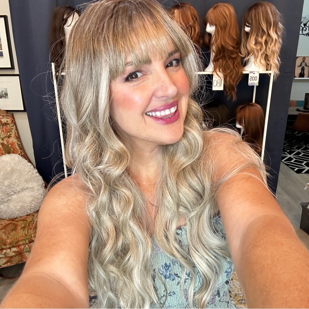 080 “the Beth” Rooted Curly Light Blonde full synthetic wig 26”